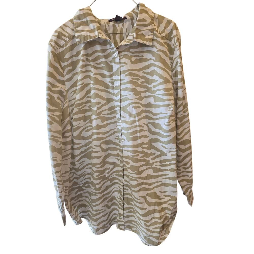 Roaman's Button Front Long Sleeve Top 18 Womens Plus Size Tan White Cotton Blend
